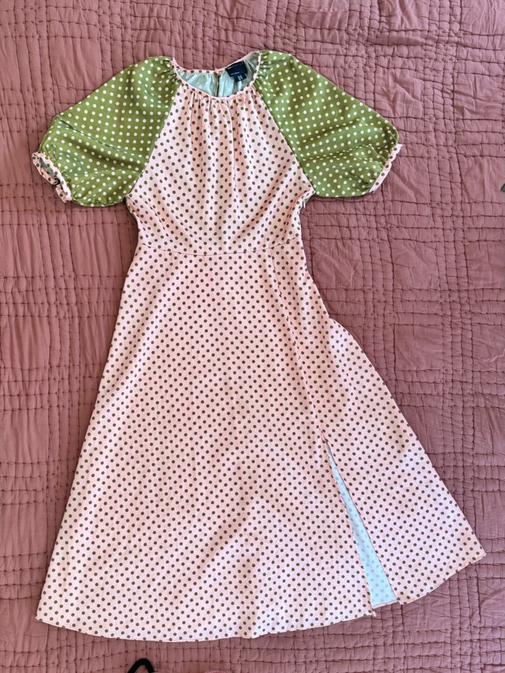 ASOS Pink Polka Dot Maxi Dress with Green Puff Sleeves